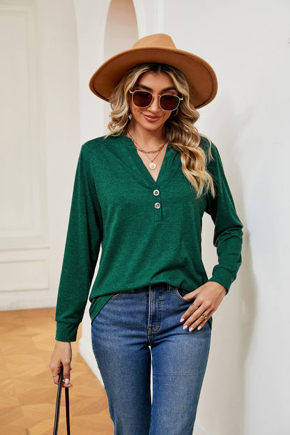 Buttoned Notched Neck Long Sleeve Top - Aurelia Clothing