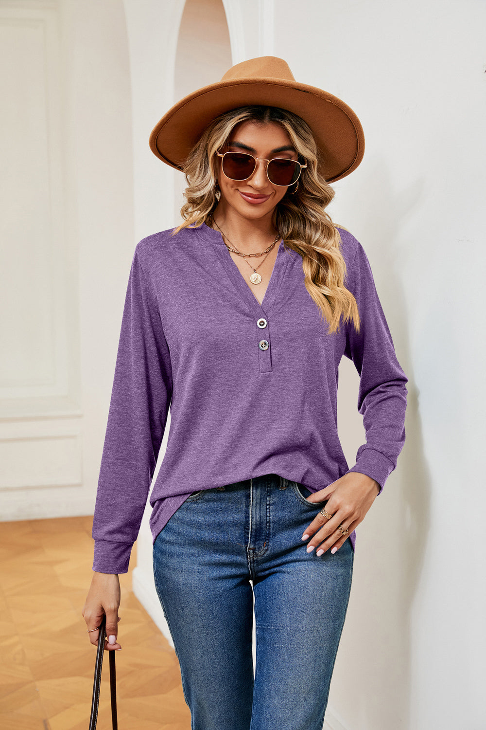 Buttoned Notched Neck Long Sleeve Top - Aurelia Clothing