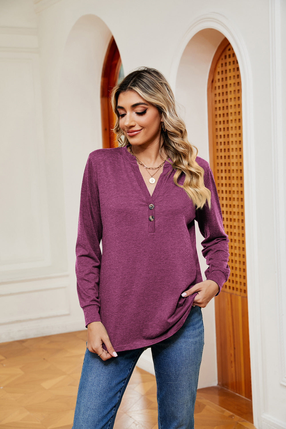 Buttoned Notched Neck Long Sleeve Top - Aurelia Clothing