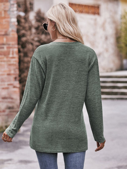 Buttoned Notched Neck Long Sleeve Top - Aurelia Clothing