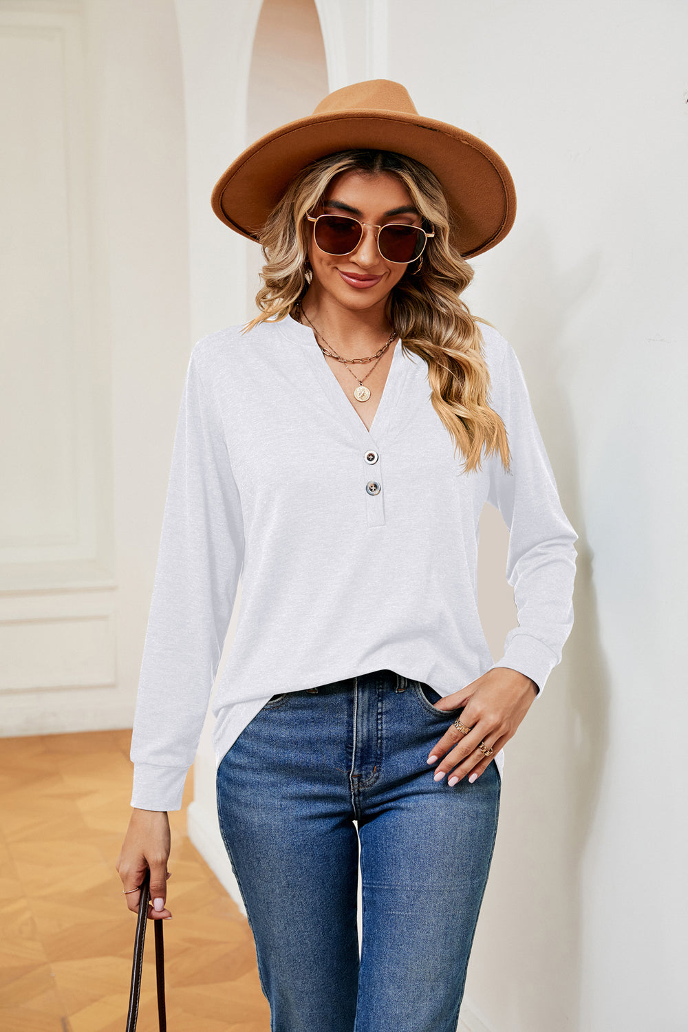 Buttoned Notched Neck Long Sleeve Top - Aurelia Clothing