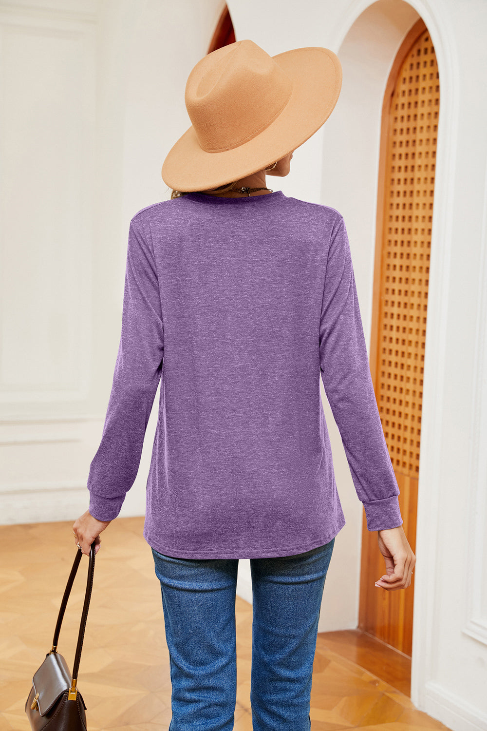 Buttoned Notched Neck Long Sleeve Top - Aurelia Clothing