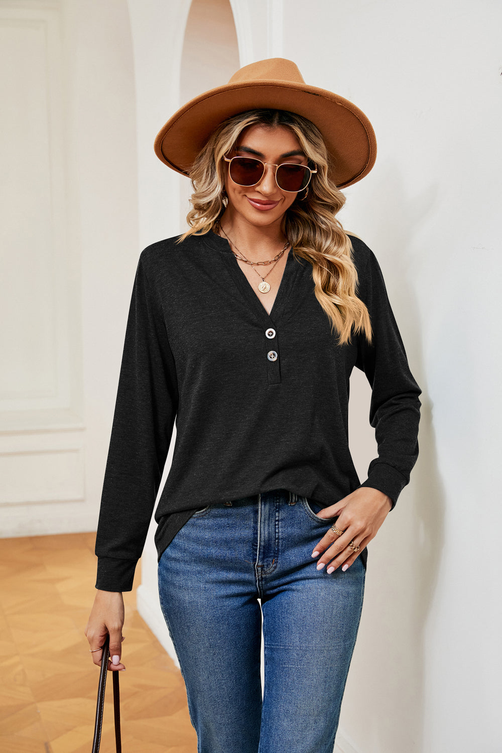 Buttoned Notched Neck Long Sleeve Top - Aurelia Clothing