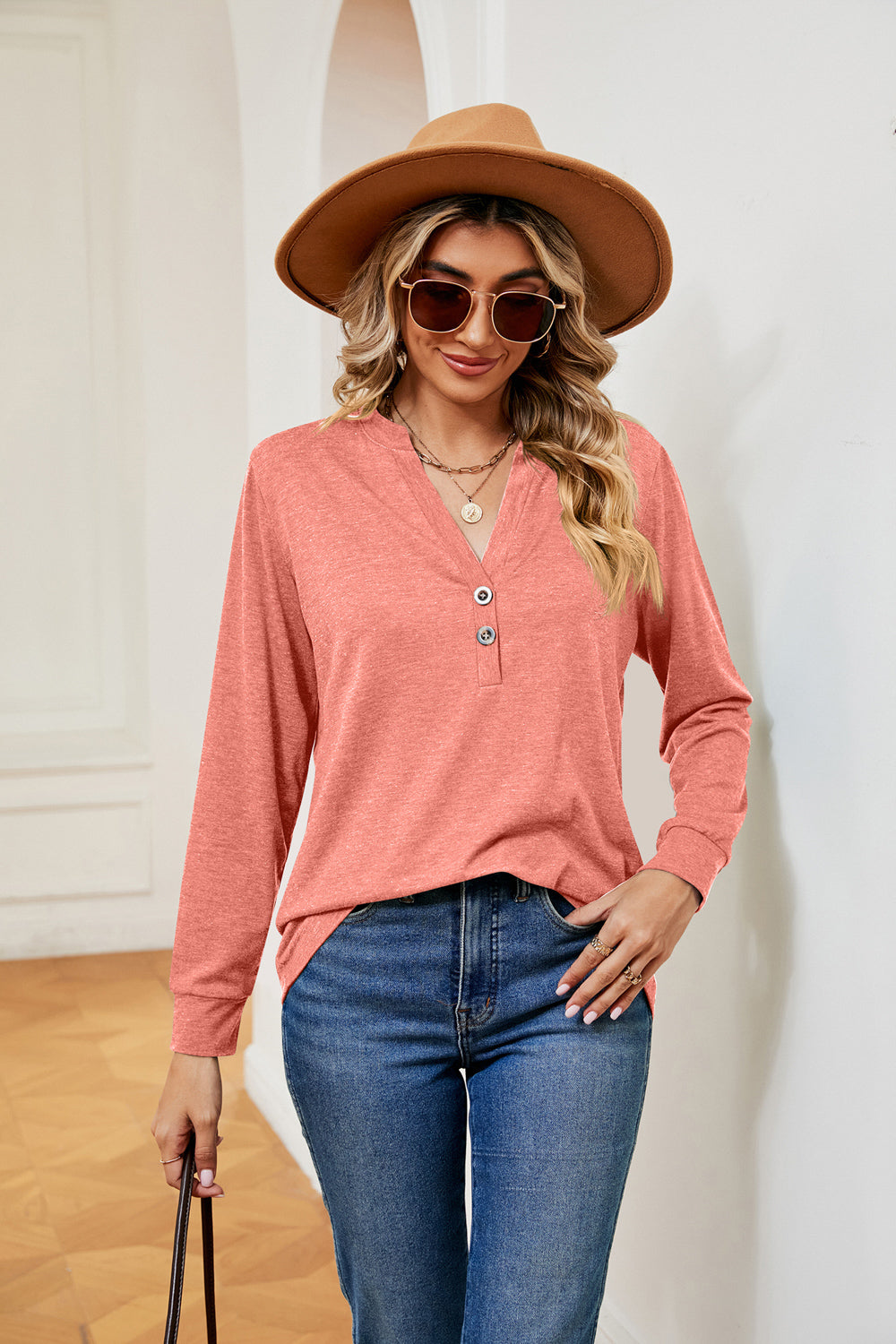 Buttoned Notched Neck Long Sleeve Top - Aurelia Clothing