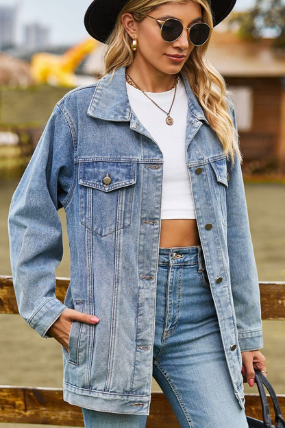 Buttoned Collared Neck Denim Womens Jacket with Pockets - Aurelia Clothing