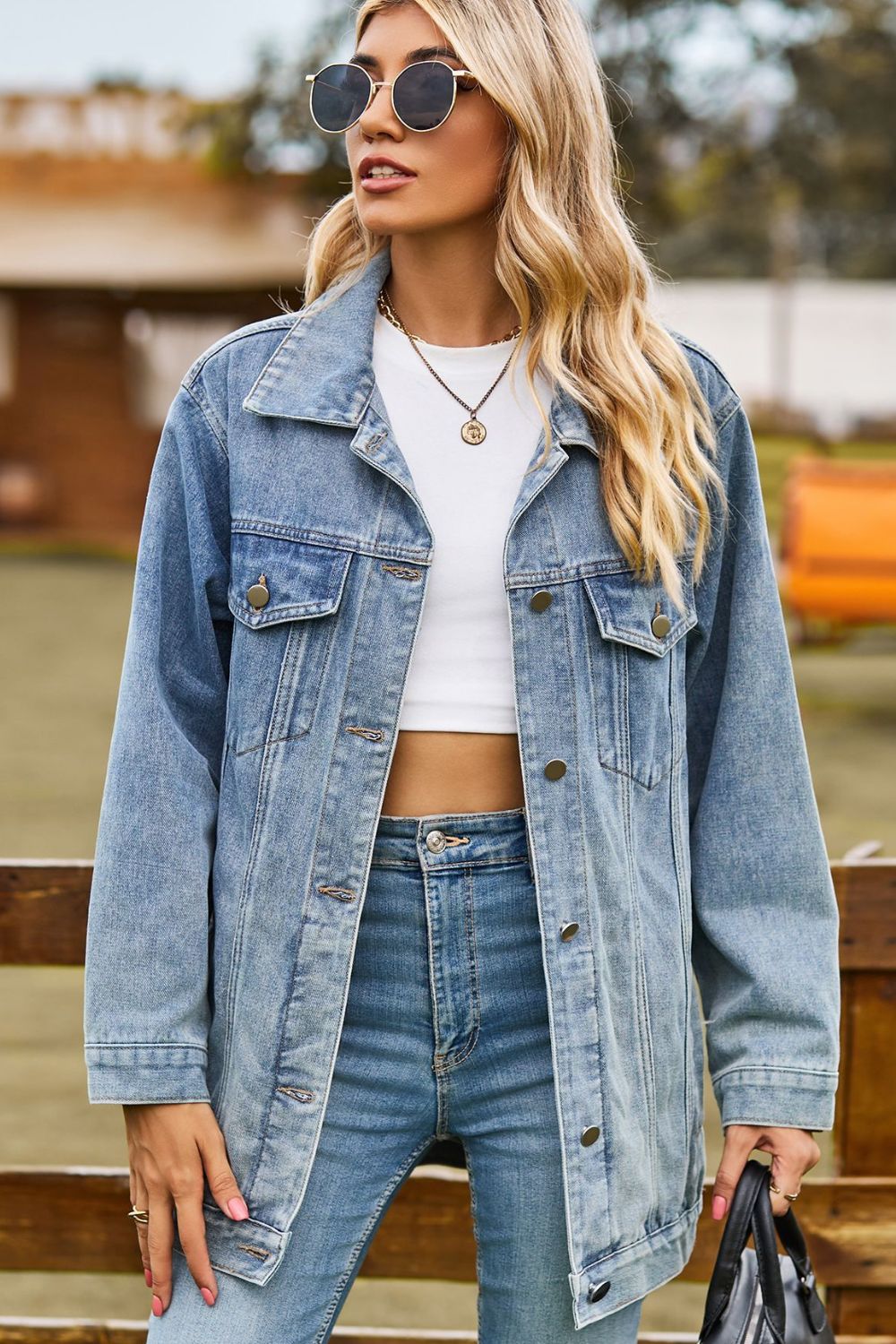 Buttoned Collared Neck Denim Womens Jacket with Pockets - Aurelia Clothing