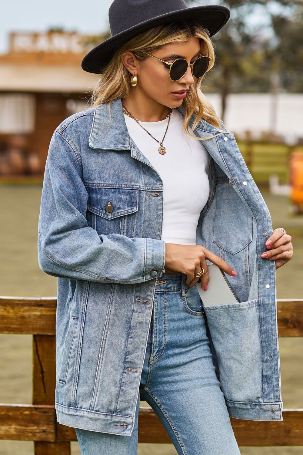 Buttoned Collared Neck Denim Womens Jacket with Pockets - Aurelia Clothing