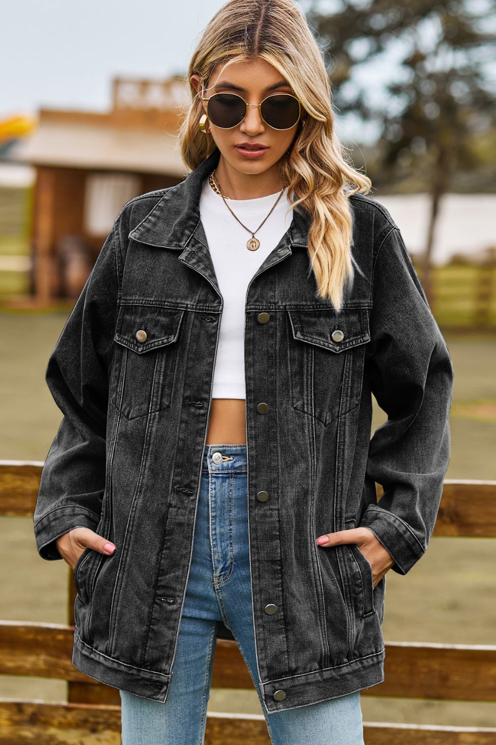 Buttoned Collared Neck Denim Womens Jacket with Pockets - Aurelia Clothing