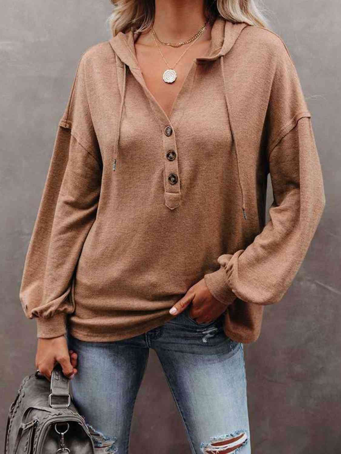 Buttoned Drop Shoulder Hoodie - Aurelia Clothing