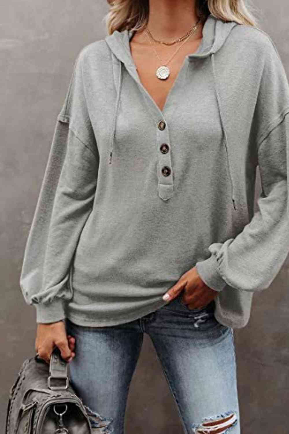 Buttoned Drop Shoulder Hoodie - Aurelia Clothing