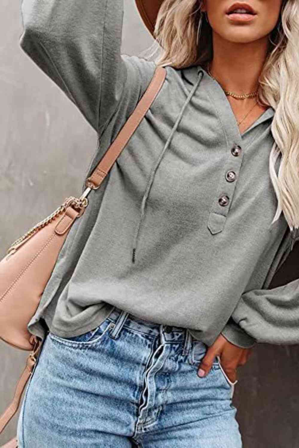 Buttoned Drop Shoulder Hoodie - Aurelia Clothing