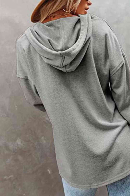 Buttoned Drop Shoulder Hoodie - Aurelia Clothing