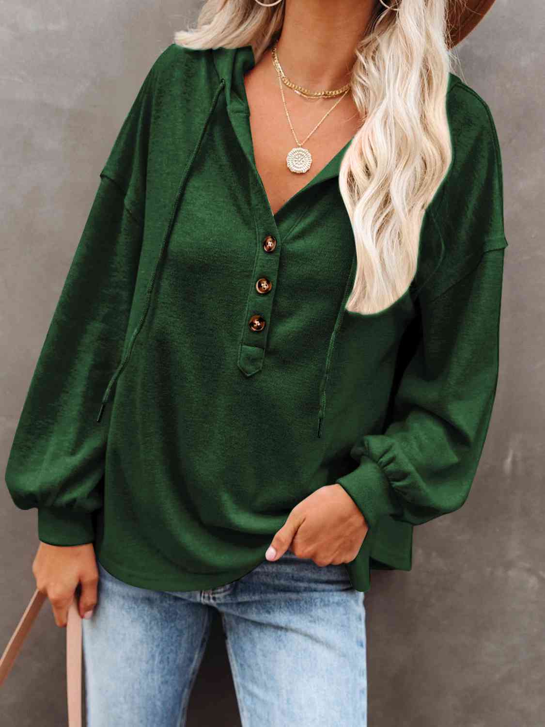 Buttoned Drop Shoulder Hoodie - Aurelia Clothing