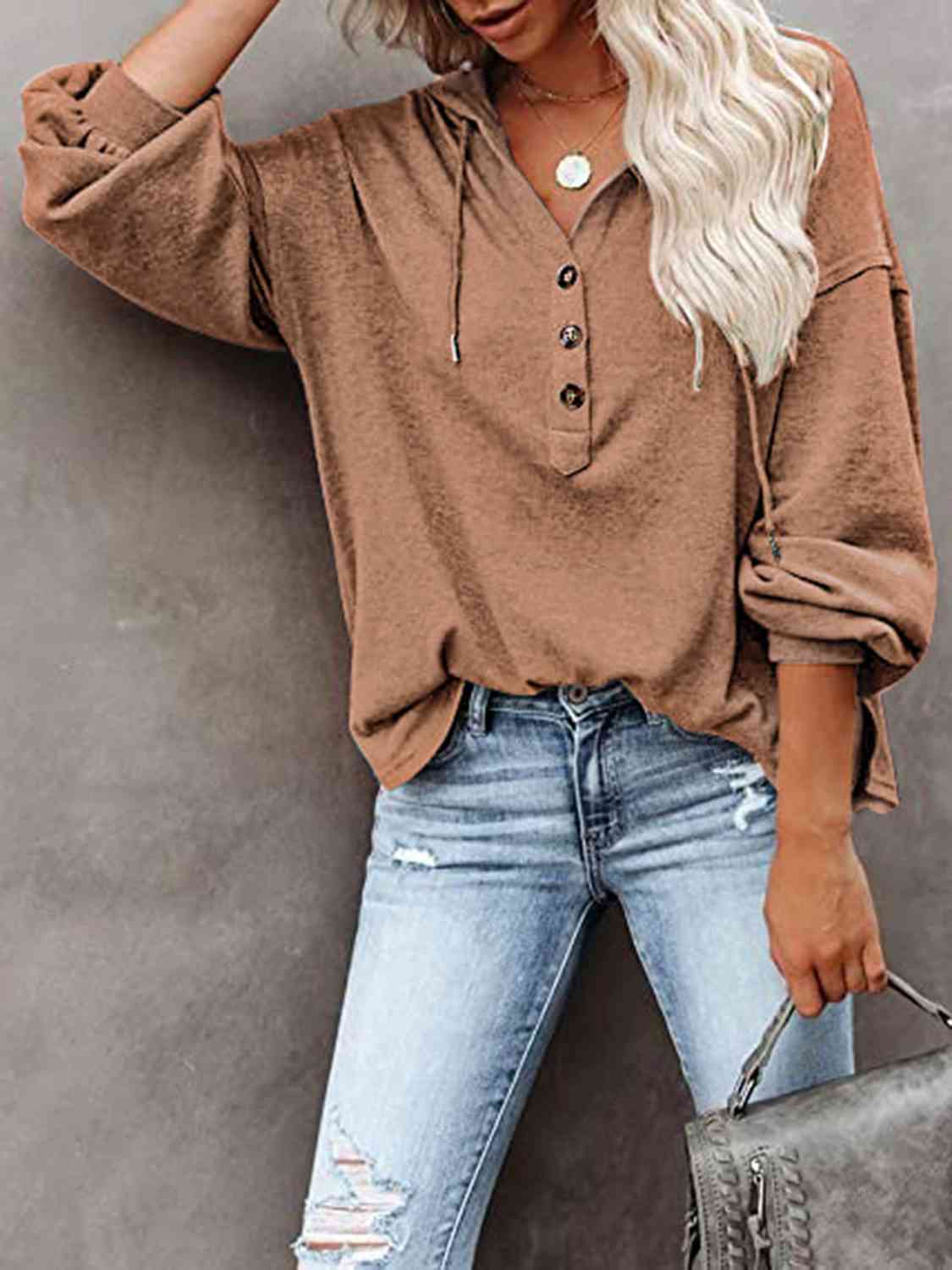 Buttoned Drop Shoulder Hoodie - Aurelia Clothing