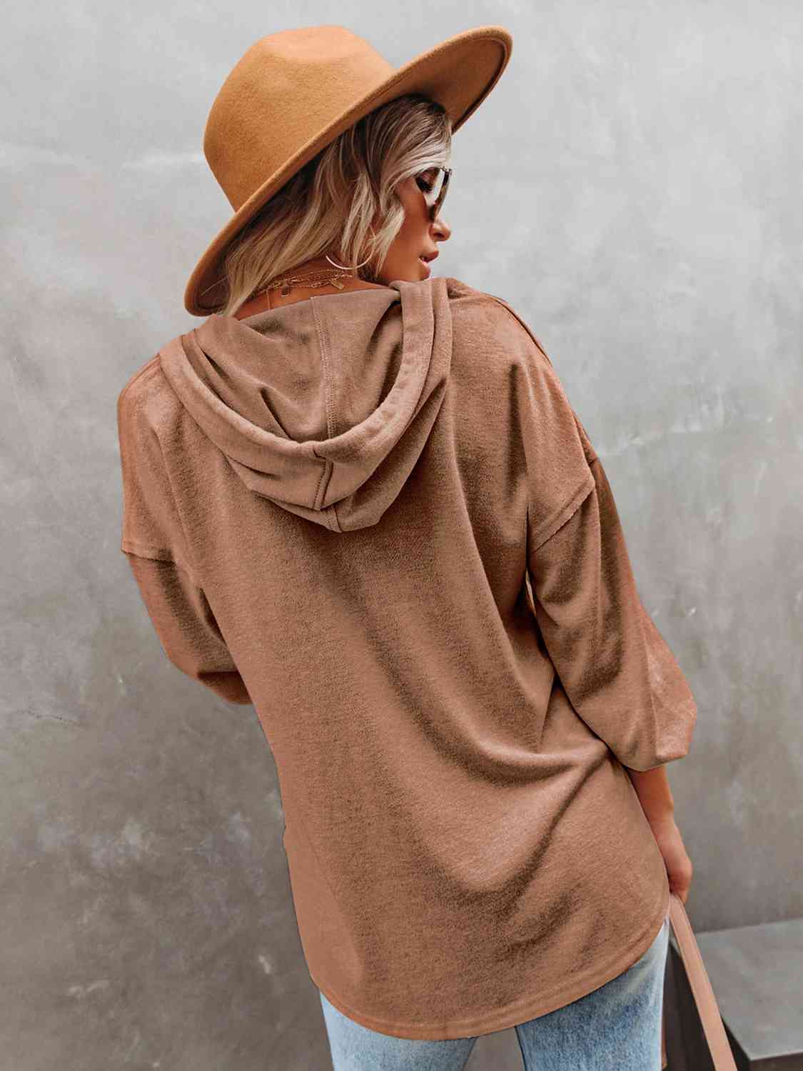 Buttoned Drop Shoulder Hoodie - Aurelia Clothing