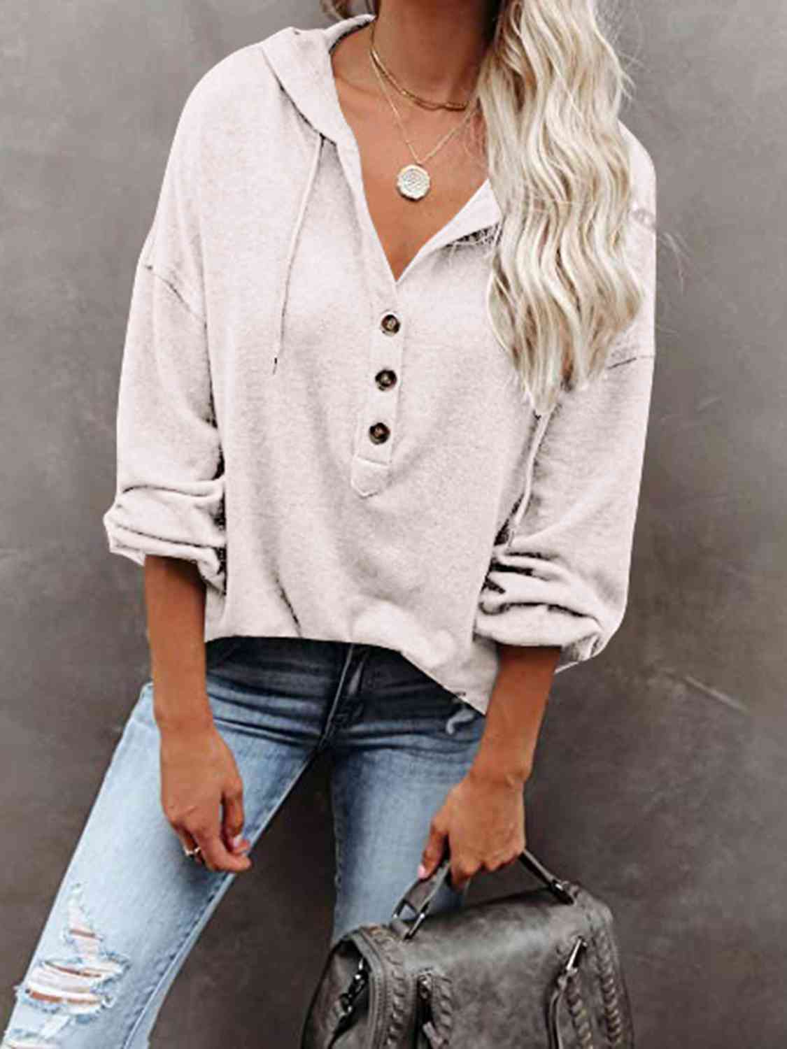 Buttoned Drop Shoulder Hoodie - Aurelia Clothing