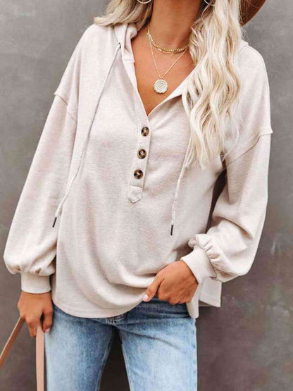 Buttoned Drop Shoulder Hoodie - Aurelia Clothing