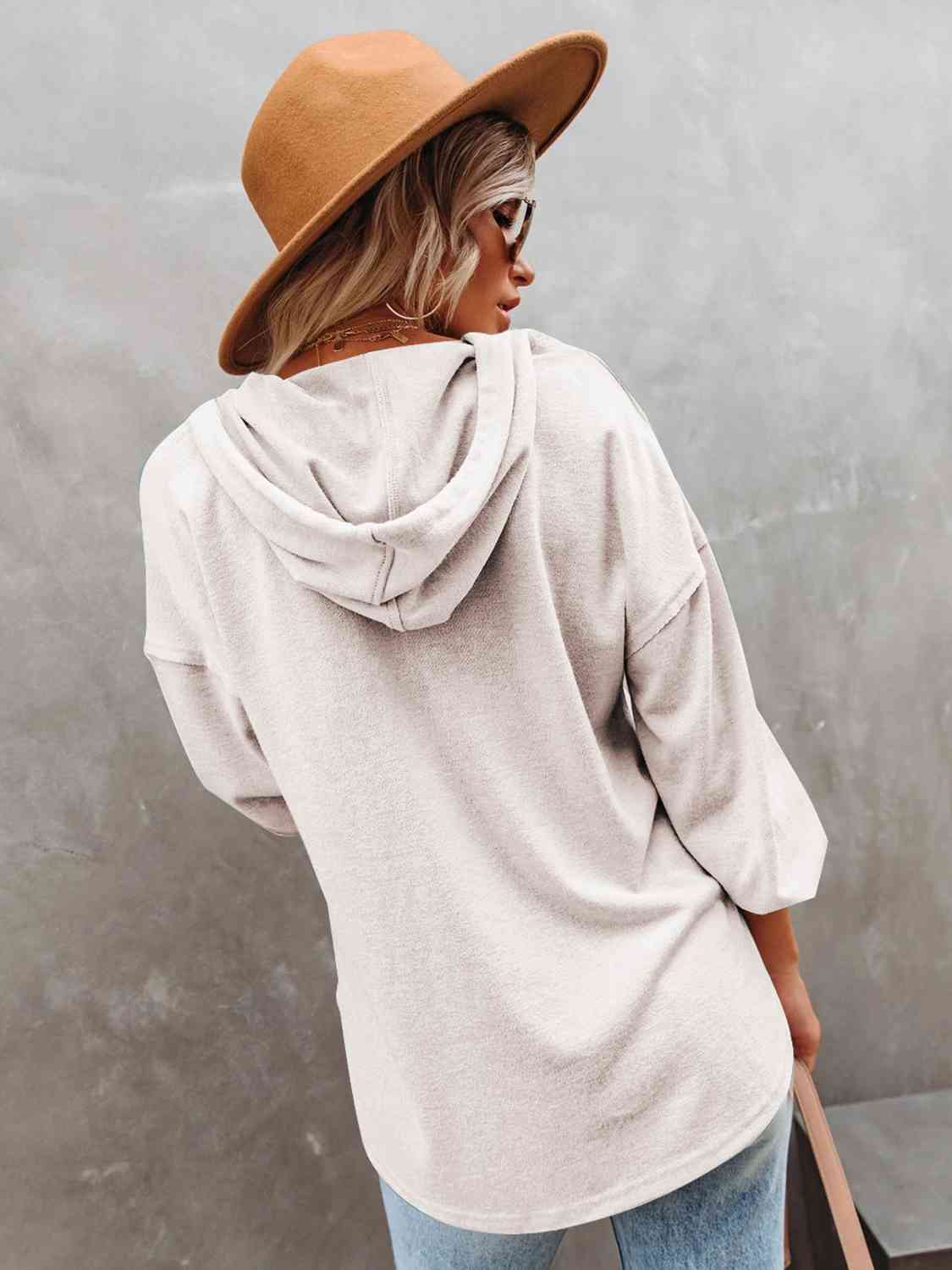 Buttoned Drop Shoulder Hoodie - Aurelia Clothing