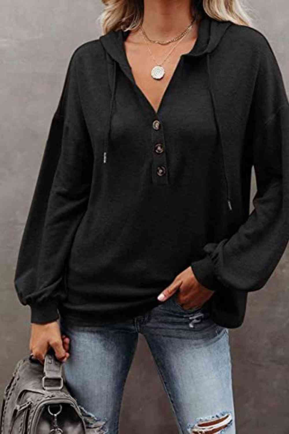 Buttoned Drop Shoulder Hoodie - Aurelia Clothing