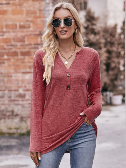 Buttoned Notched Neck Long Sleeve Top - Aurelia Clothing