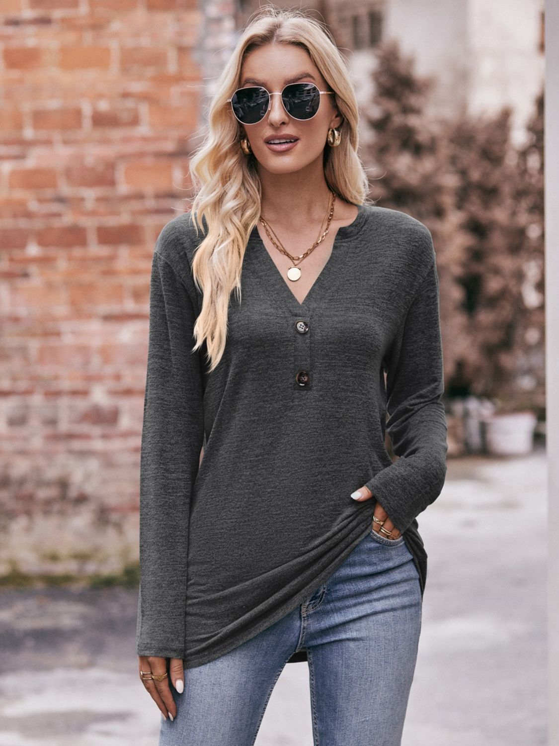 Buttoned Notched Neck Long Sleeve Top - Aurelia Clothing