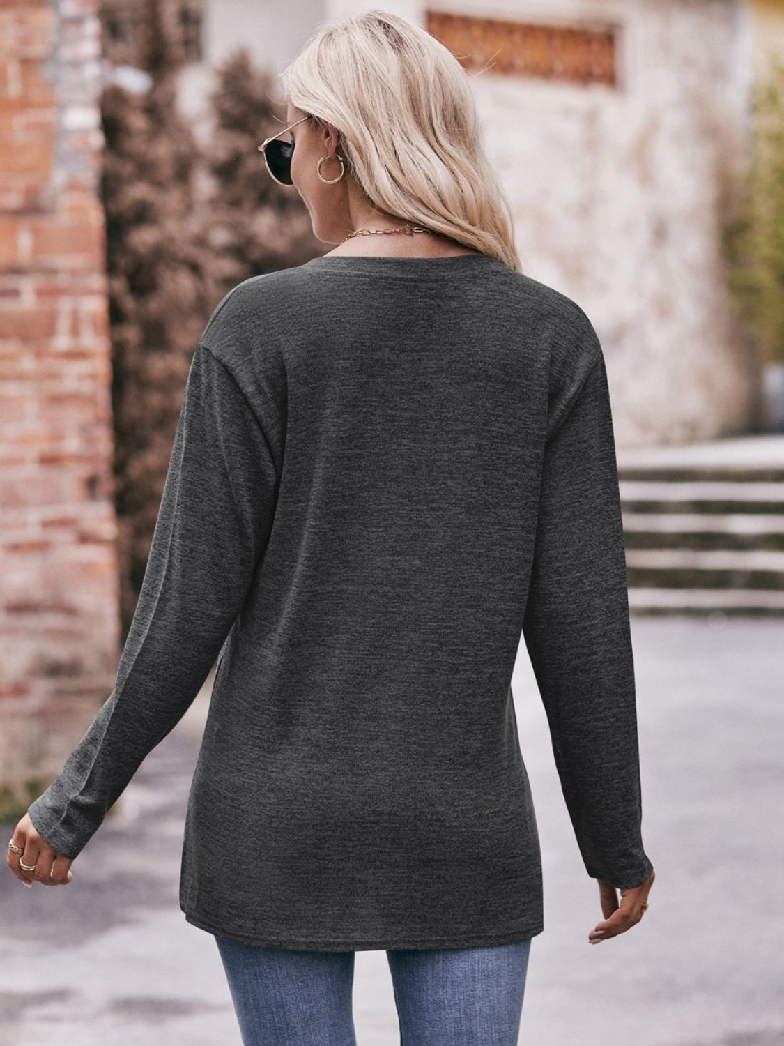 Buttoned Notched Neck Long Sleeve Top - Aurelia Clothing