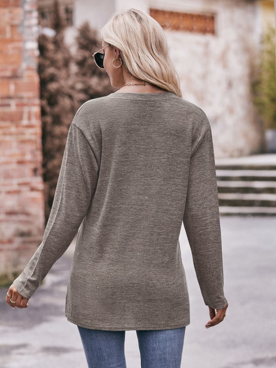 Buttoned Notched Neck Long Sleeve Top - Aurelia Clothing