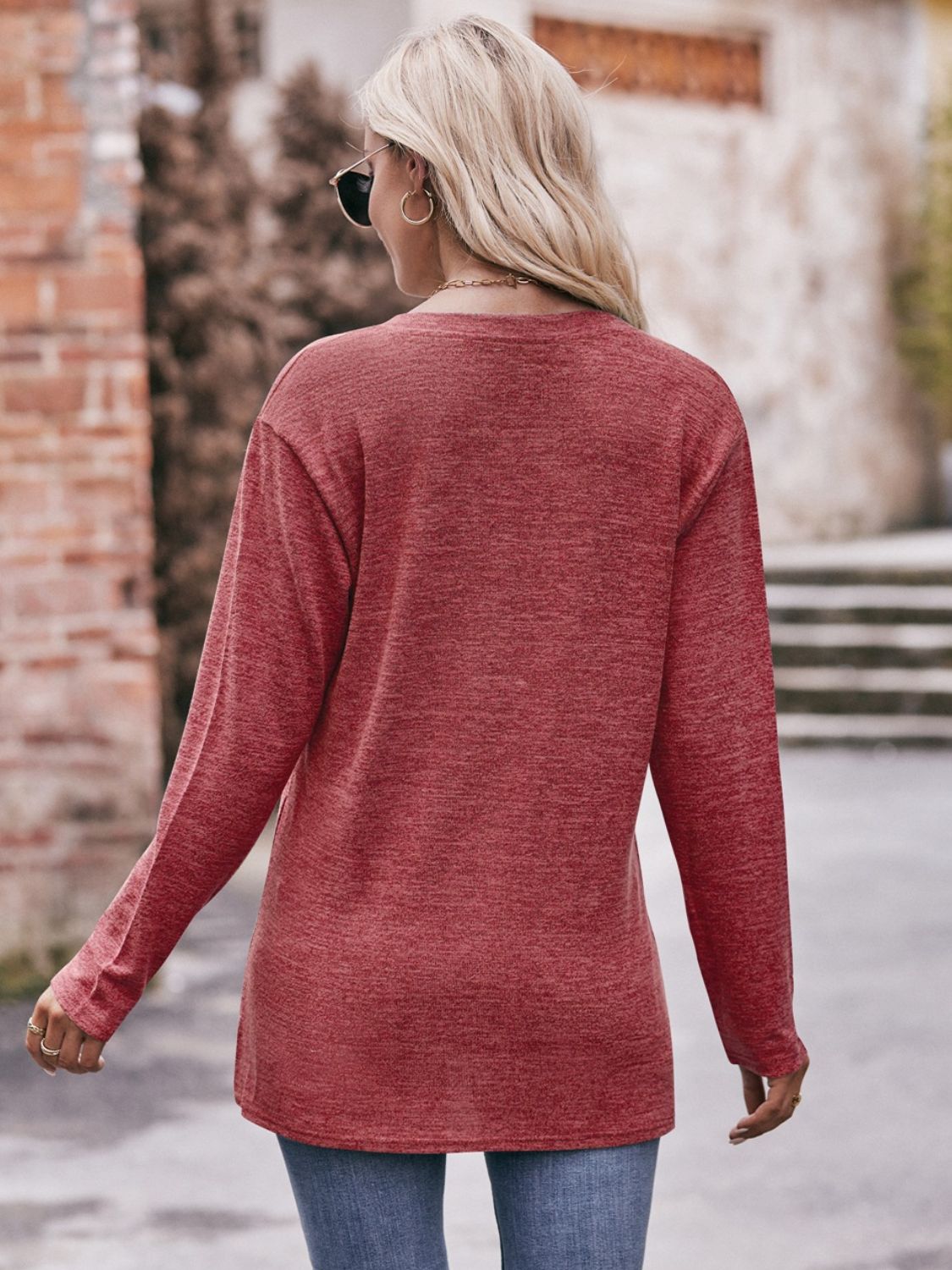 Buttoned Notched Neck Long Sleeve Top - Aurelia Clothing