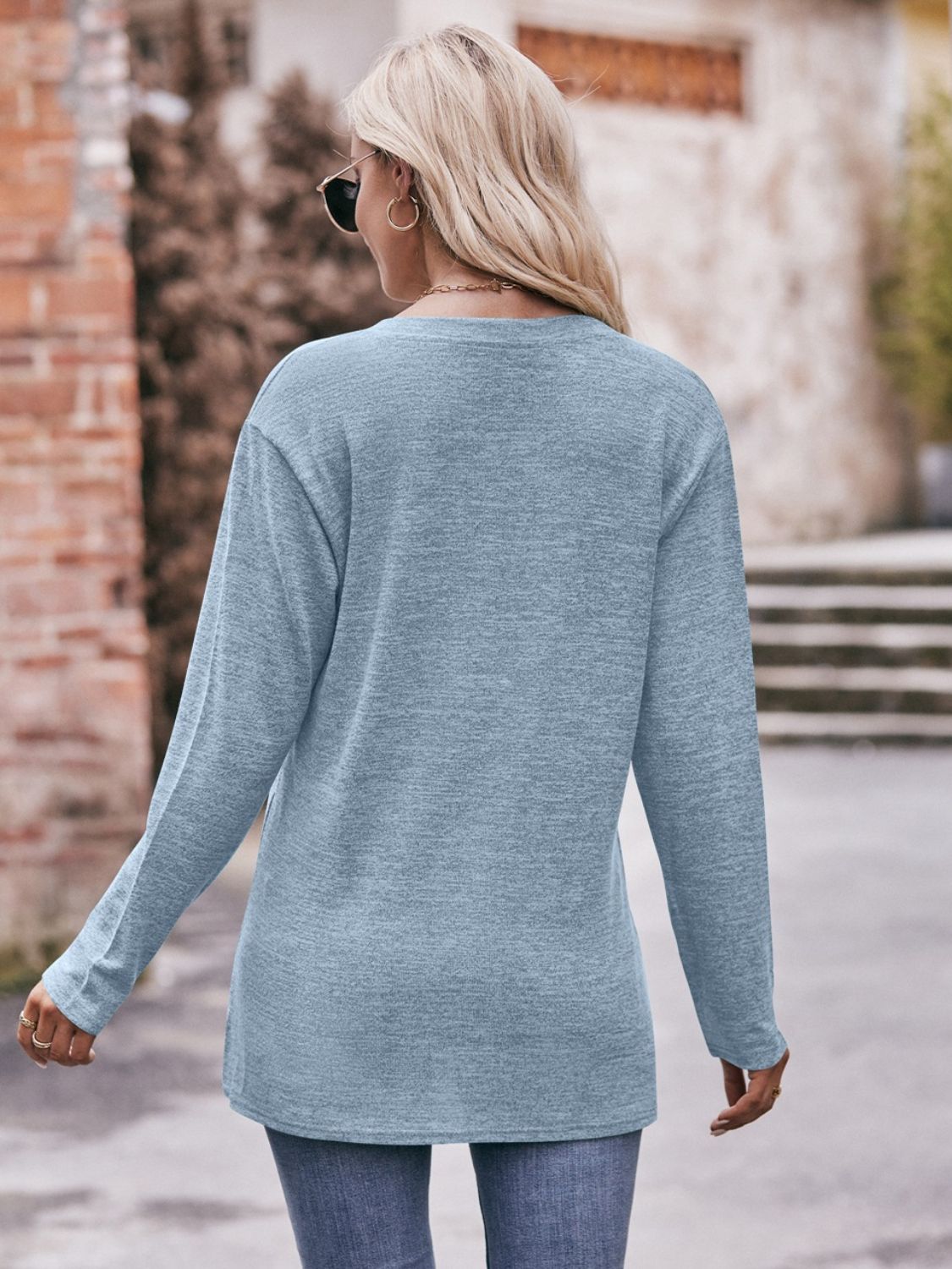 Buttoned Notched Neck Long Sleeve Top - Aurelia Clothing