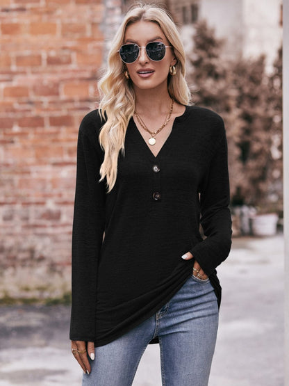 Buttoned Notched Neck Long Sleeve Top - Aurelia Clothing