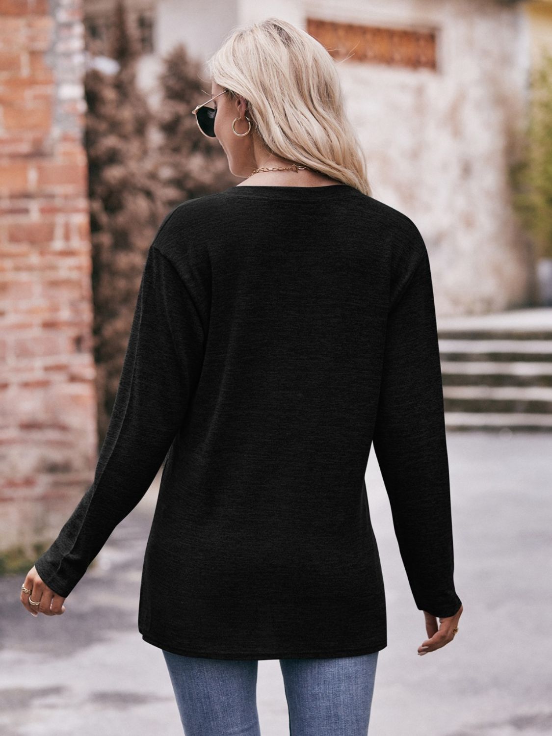 Buttoned Notched Neck Long Sleeve Top - Aurelia Clothing