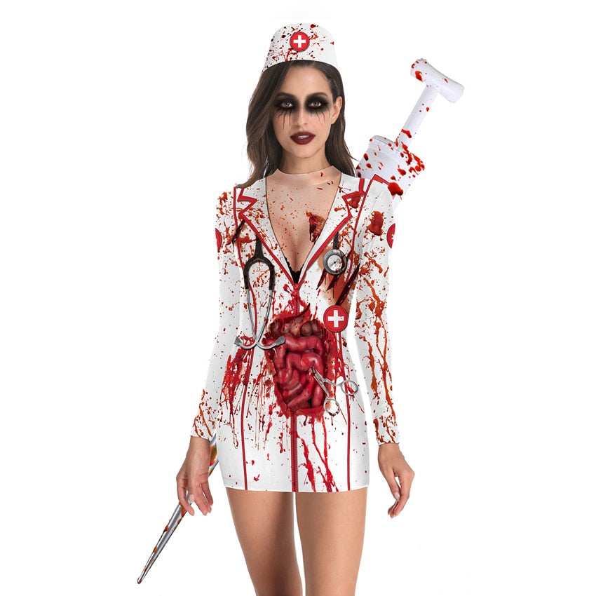 Bloody Nurse Role-play Dress for Women Halloween Scary Horror Cosplay Costumes Sexy Mini Dress Gothic Medieval Clothing - Free Shipping - Aurelia Clothing