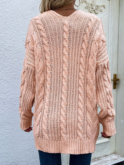 Cable-Knit Open Front Cardigan with Front Pockets - Aurelia Clothing