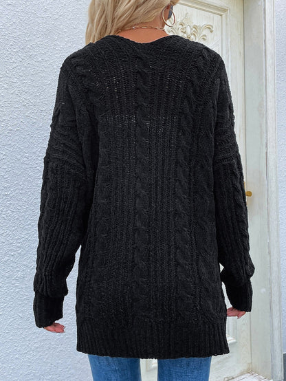 Cable-Knit Open Front Cardigan with Front Pockets - Aurelia Clothing