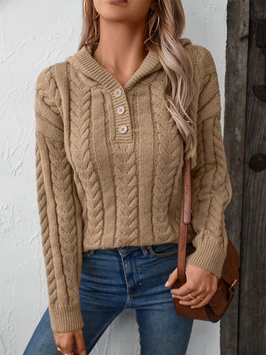 Cable-Knit Long Sleeve Hooded Sweater - Aurelia Clothing