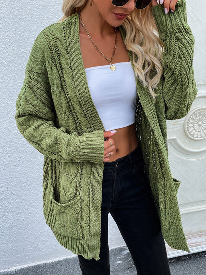 Cable-Knit Open Front Cardigan with Front Pockets - Aurelia Clothing