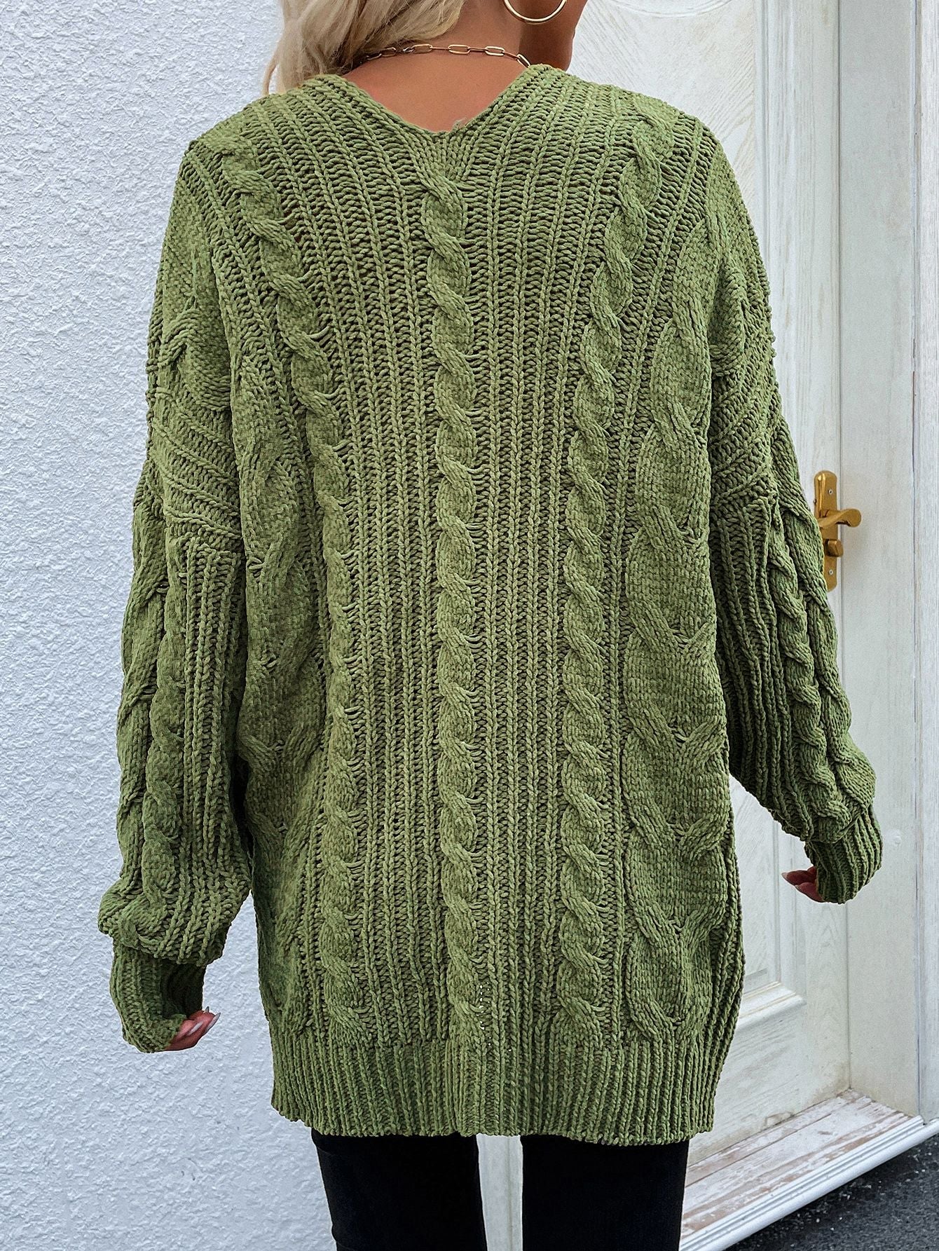 Cable-Knit Open Front Cardigan with Front Pockets - Aurelia Clothing