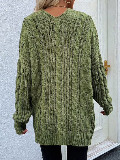 Cable-Knit Open Front Cardigan with Front Pockets - Aurelia Clothing