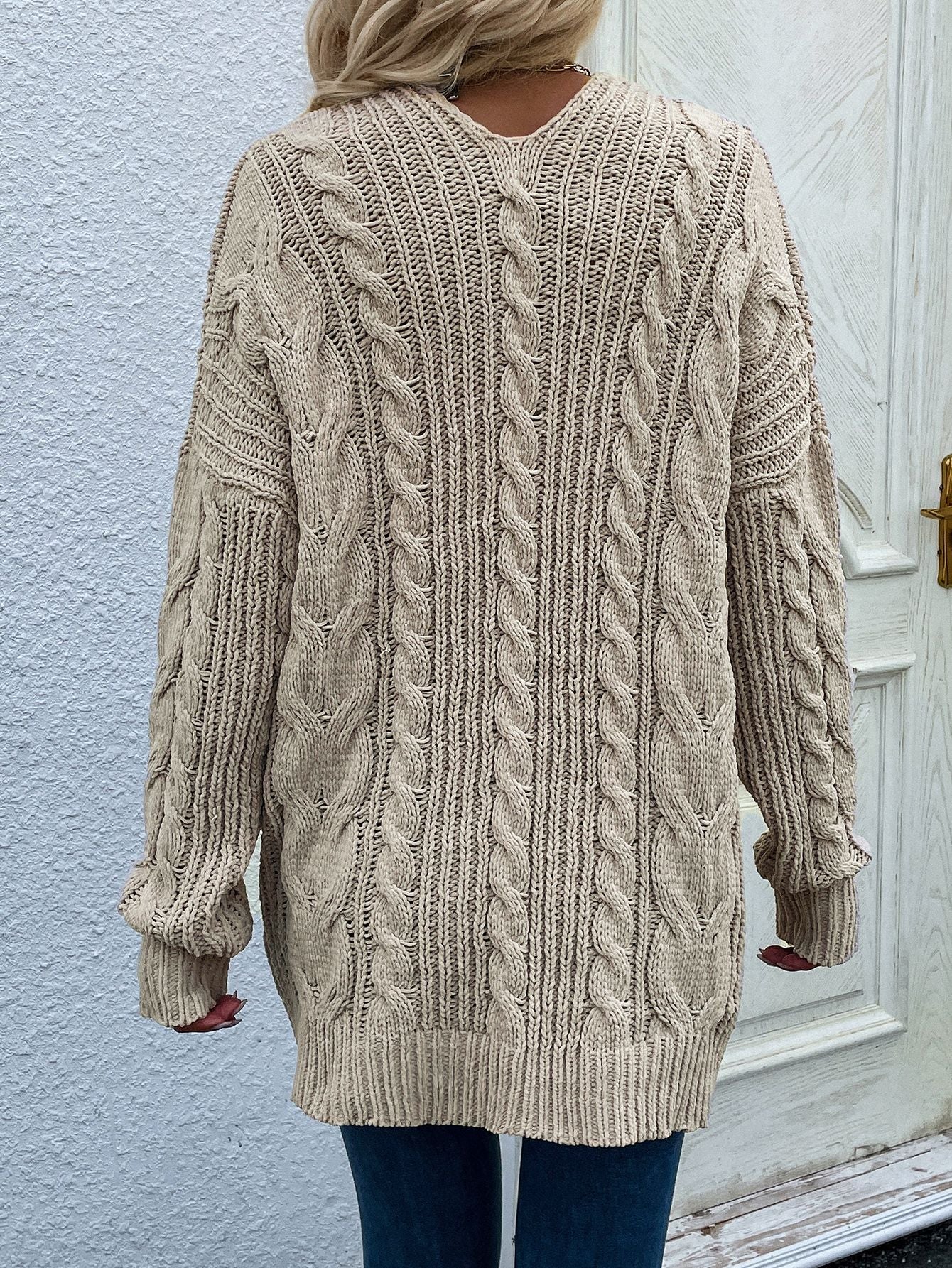 Cable-Knit Open Front Cardigan with Front Pockets - Aurelia Clothing