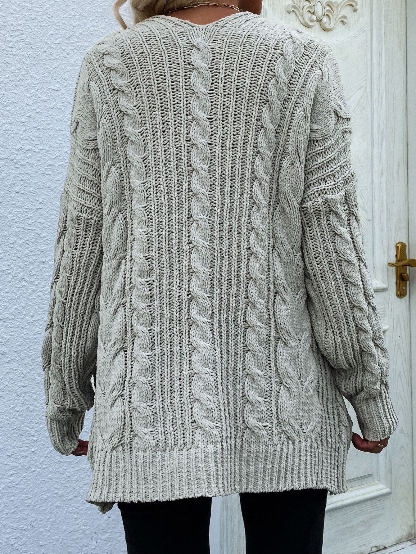 Cable-Knit Open Front Cardigan with Front Pockets - Aurelia Clothing