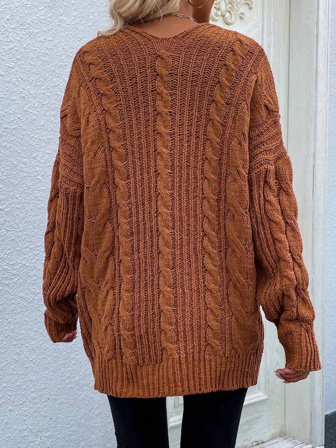 Cable-Knit Open Front Cardigan with Front Pockets - Aurelia Clothing