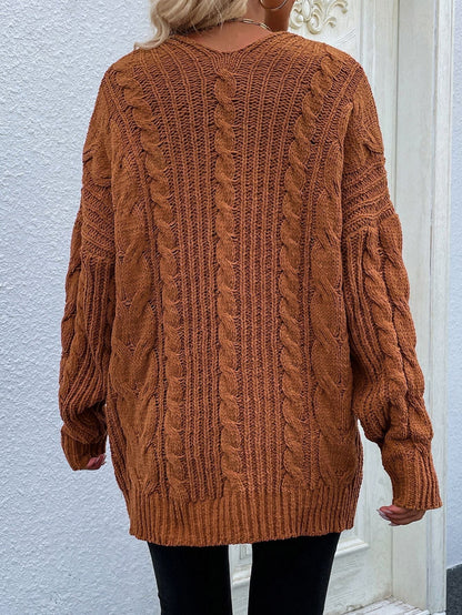 Cable-Knit Open Front Cardigan with Front Pockets - Aurelia Clothing