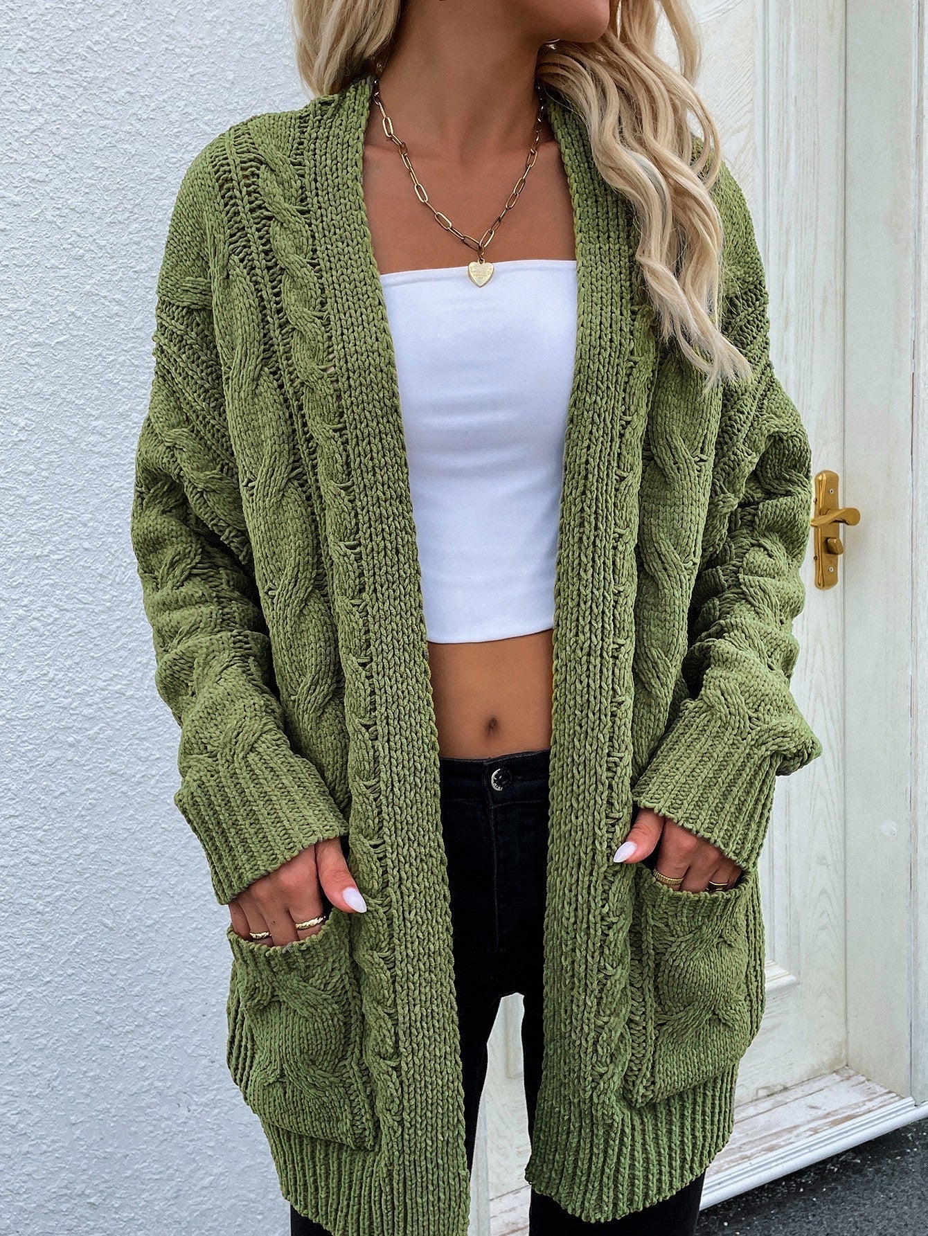 Cable-Knit Open Front Cardigan with Front Pockets - Aurelia Clothing