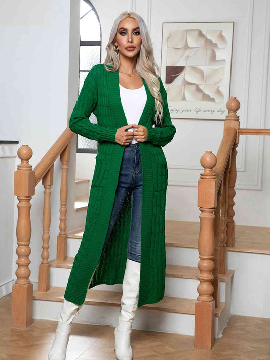 Cable-Knit Open Front Cardigan with Pockets - Aurelia Clothing