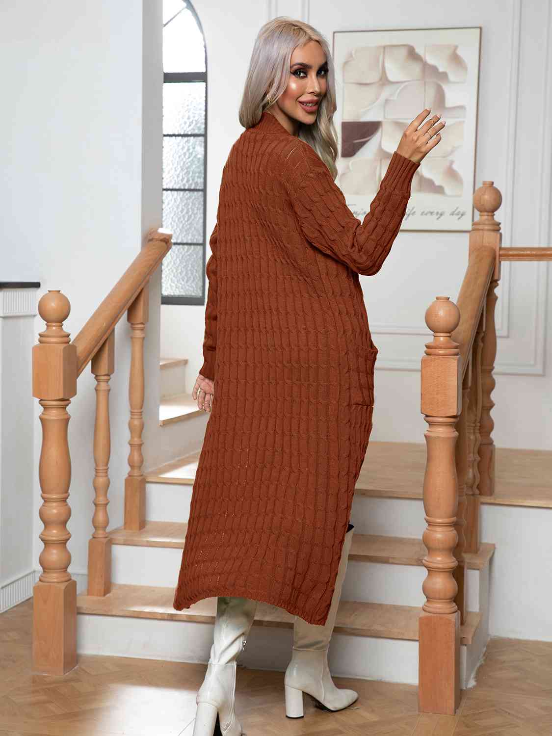 Cable-Knit Open Front Cardigan with Pockets - Aurelia Clothing