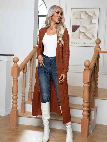 Cable-Knit Open Front Cardigan with Pockets - Aurelia Clothing