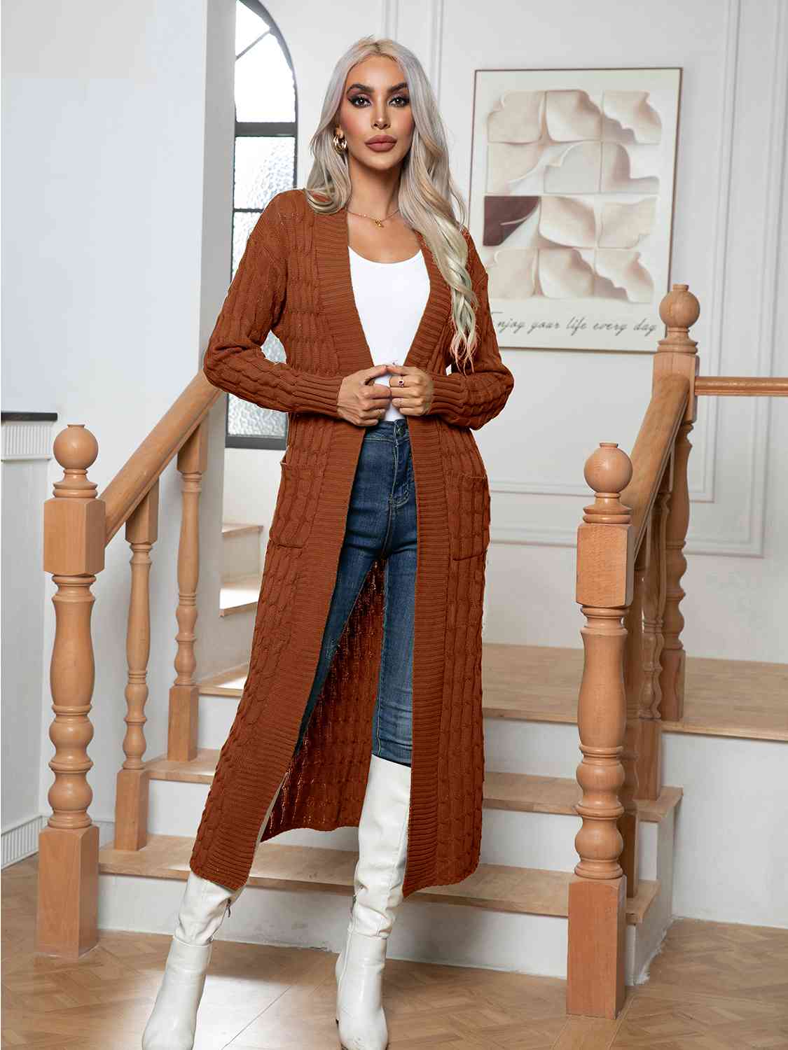 Cable-Knit Open Front Cardigan with Pockets - Aurelia Clothing