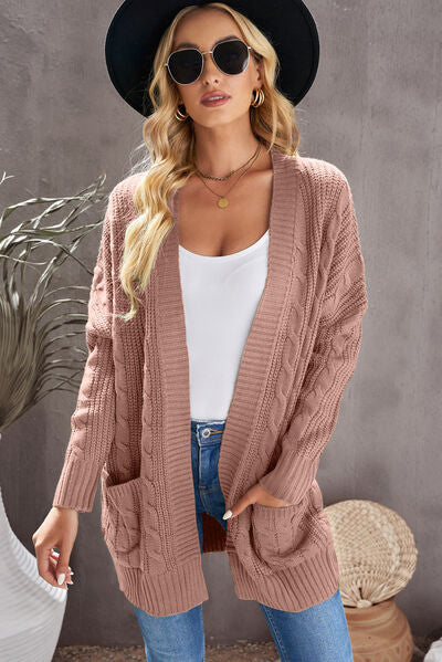 Cable-Knit Open Front Dropped Shoulder Cardigan - Aurelia Clothing