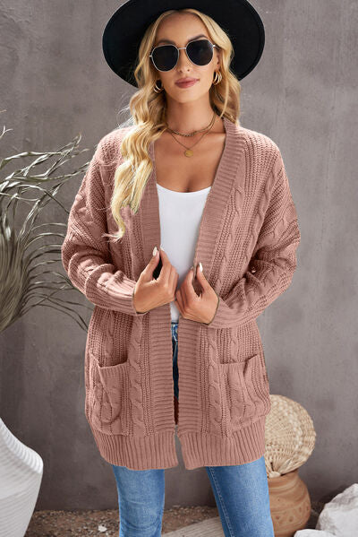 Cable-Knit Open Front Dropped Shoulder Cardigan - Aurelia Clothing