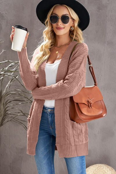 Cable-Knit Open Front Dropped Shoulder Cardigan - Aurelia Clothing